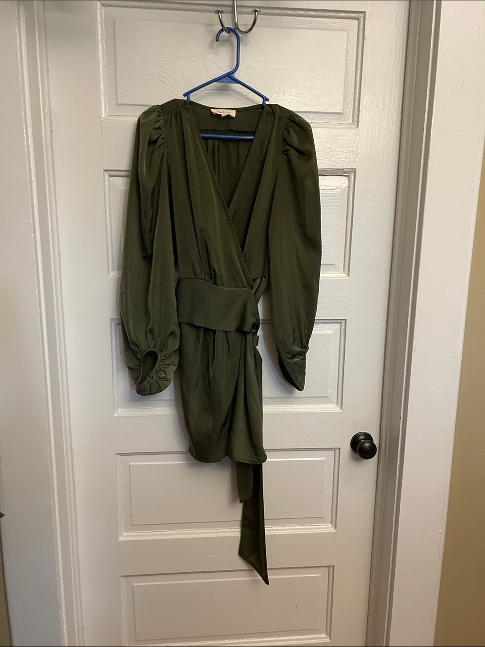 Peach Love California Olive Green Mini Wrap Dress with Puff Sleeves